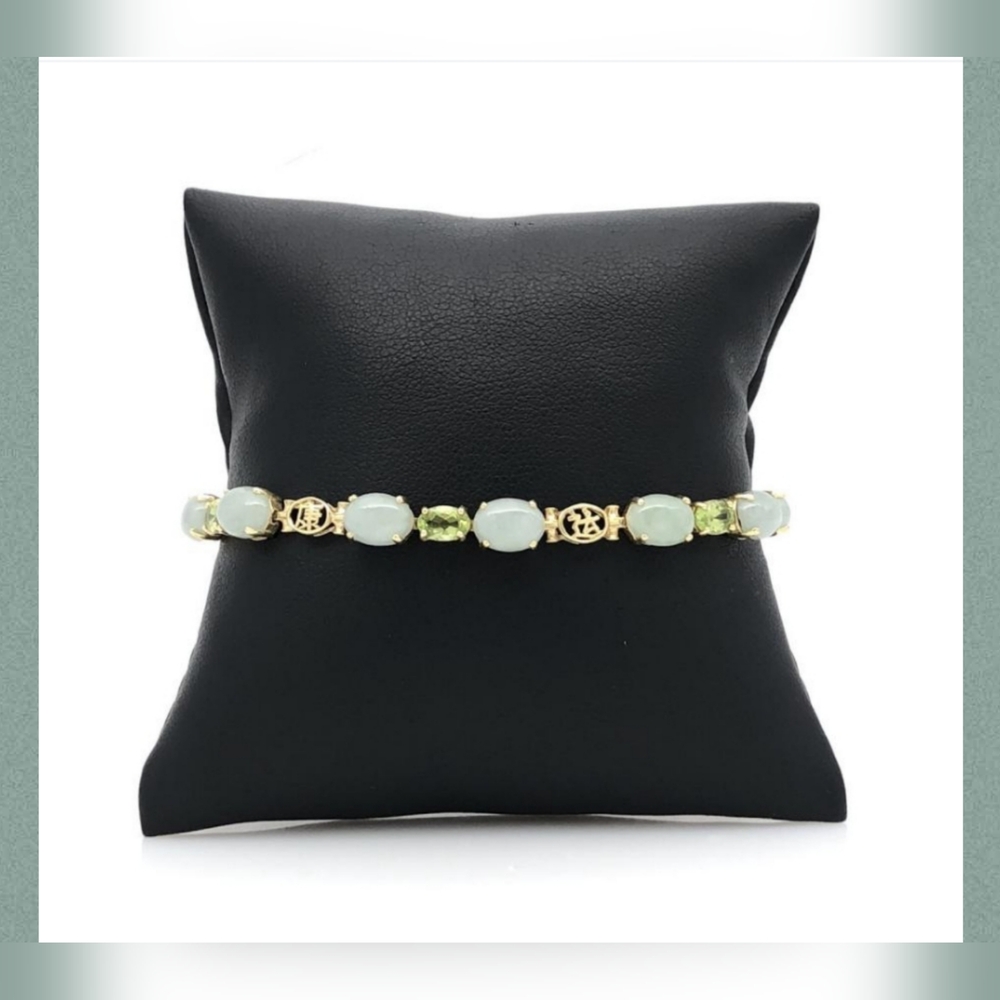 Vintage 14k Yellow Gold Jade & Peridot Chinese Character Tennis Bracelet 7.5